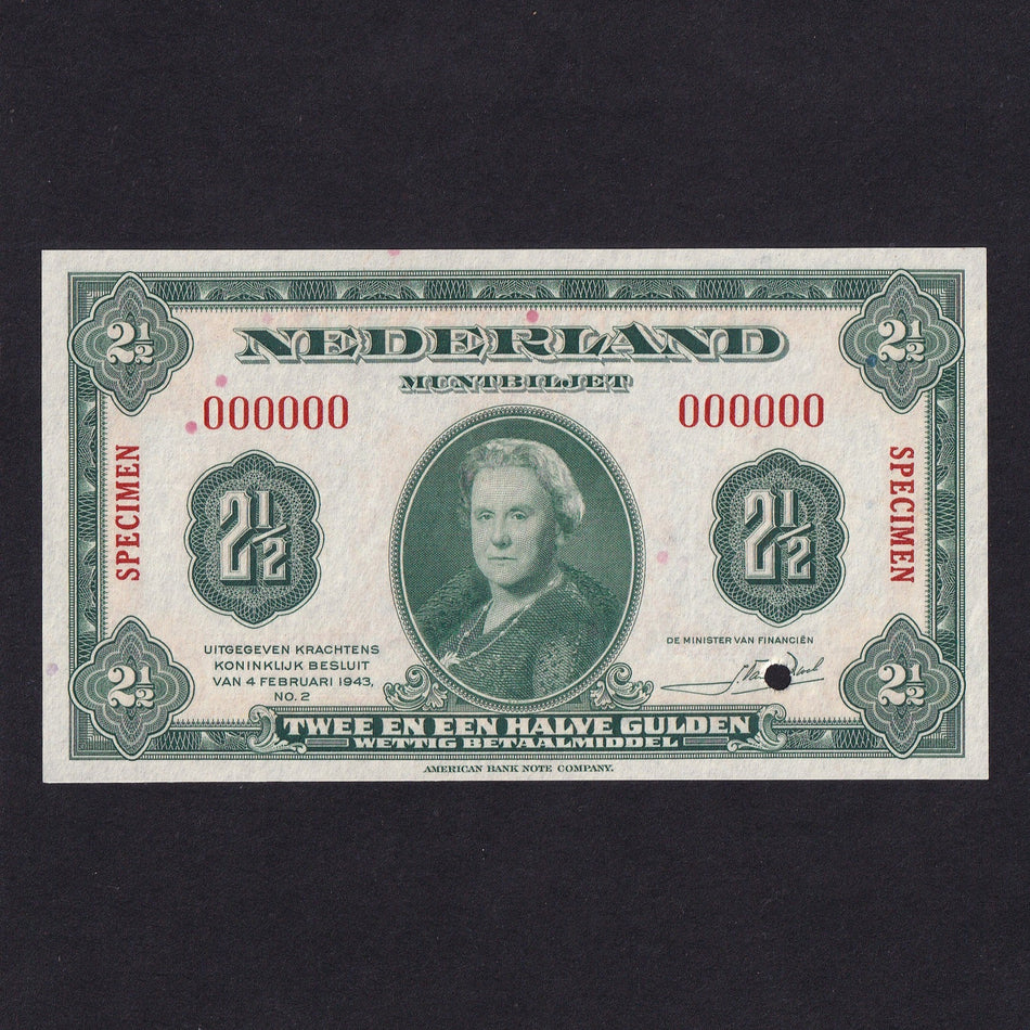 Netherlands (P65s) 2 1/2 Gulden specimen, 1943, Queen Wilhelmina, UNC