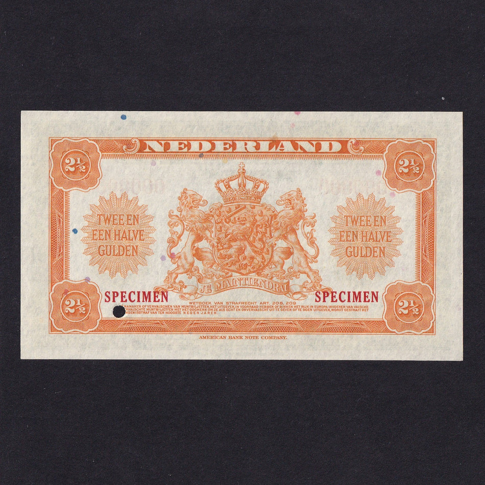 Netherlands (P65s) 2 1/2 Gulden specimen, 1943, Queen Wilhelmina, UNC