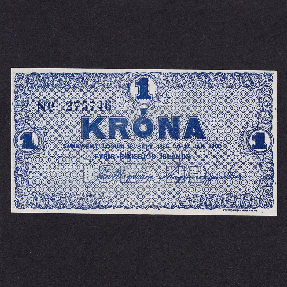 Iceland (P17b) 1 Krona, 1922, dark blue serial top left, no.275746, UNC