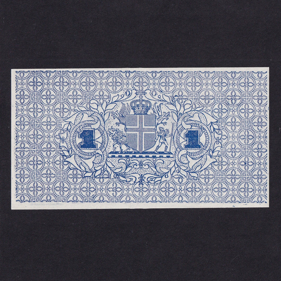 Iceland (P17b) 1 Krona, 1922, dark blue serial top left, no.275746, UNC