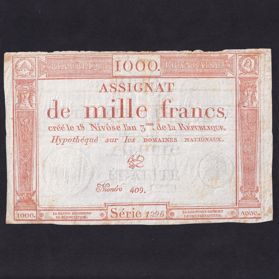 France (Assignats, PA50) 1000 Francs, 1795, series 1296, Fine