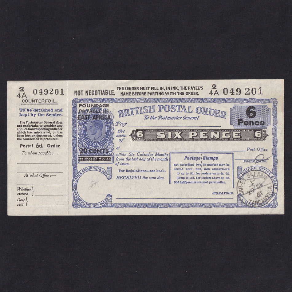 East Africa, 6 Pence postal order, 1961, Dar-es-Salaam, with counterfoil, no.2 4A, A/UNC