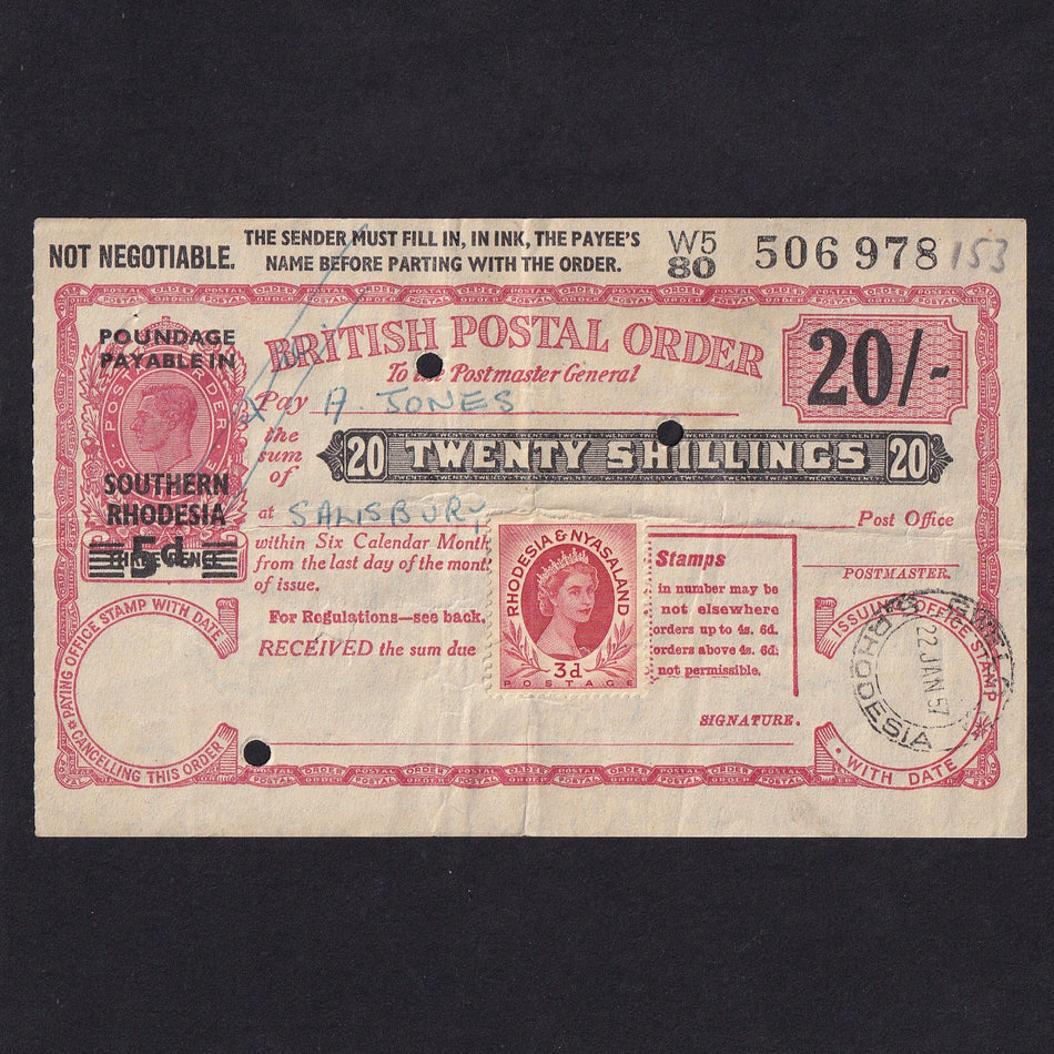 Southern Rhodesia, 20 Shillings postal order, 1957, KGVI, no.W5 506978, Fine