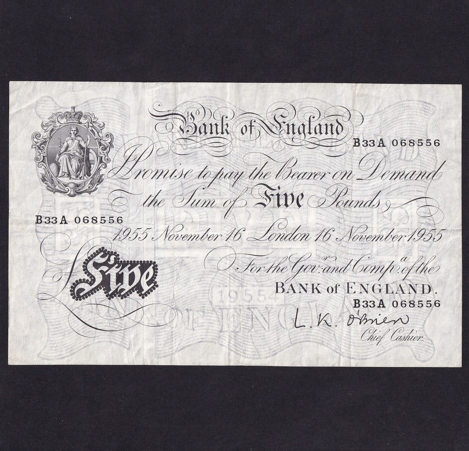 Bank of England (B276) O'Brien, £5, 16th November 1955, B33A 068556, Good Fine
