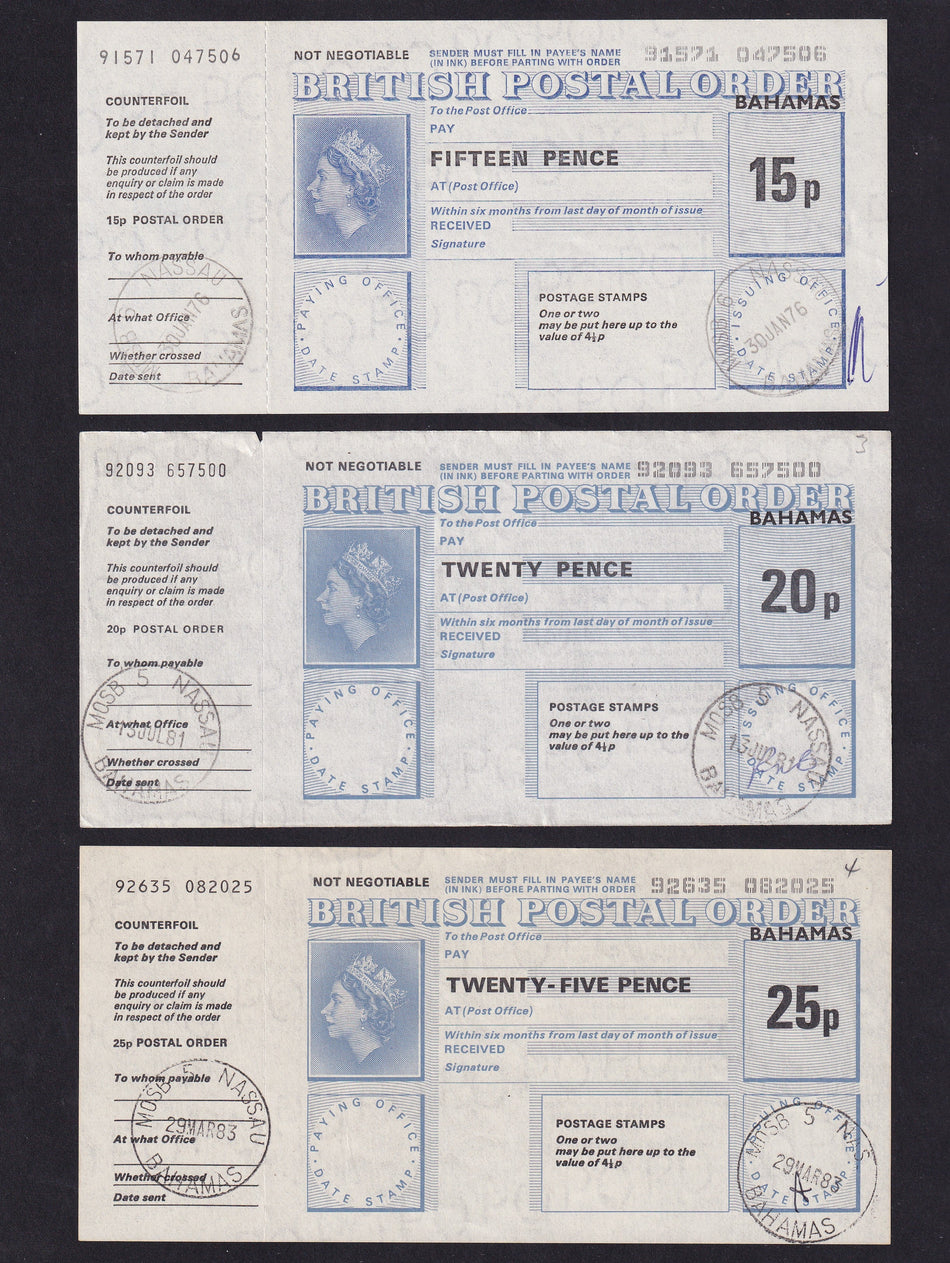 Bahamas, postal order set, 15p, 20p, 25p, 30p, 40p, 45p, 50p, 60p, 70p, 75p, £1, £2, £3, & £4, 1976-82, A/UNC