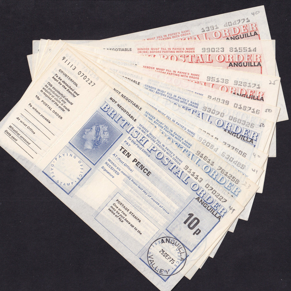 East Caribbean, Anguilla, postal order set, 10p, 15p, 20p, 25p, 30p, 40p, 50p, 70p, 90p & £1, 1975-80, with counterfoil, Good EF