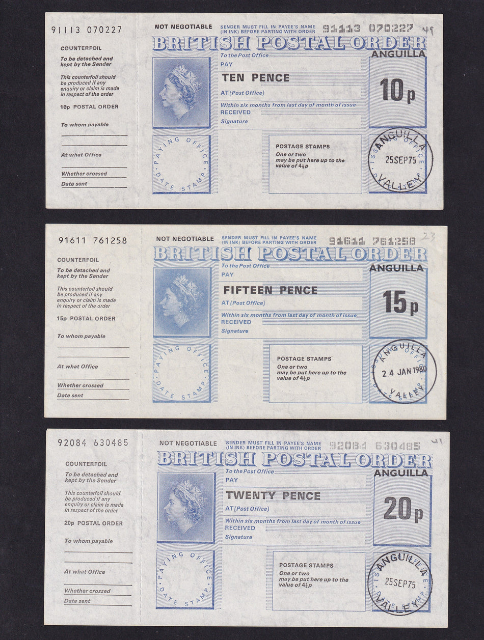 East Caribbean, Anguilla, postal order set, 10p, 15p, 20p, 25p, 30p, 40p, 50p, 70p, 90p & £1, 1975-80, with counterfoil, Good EF