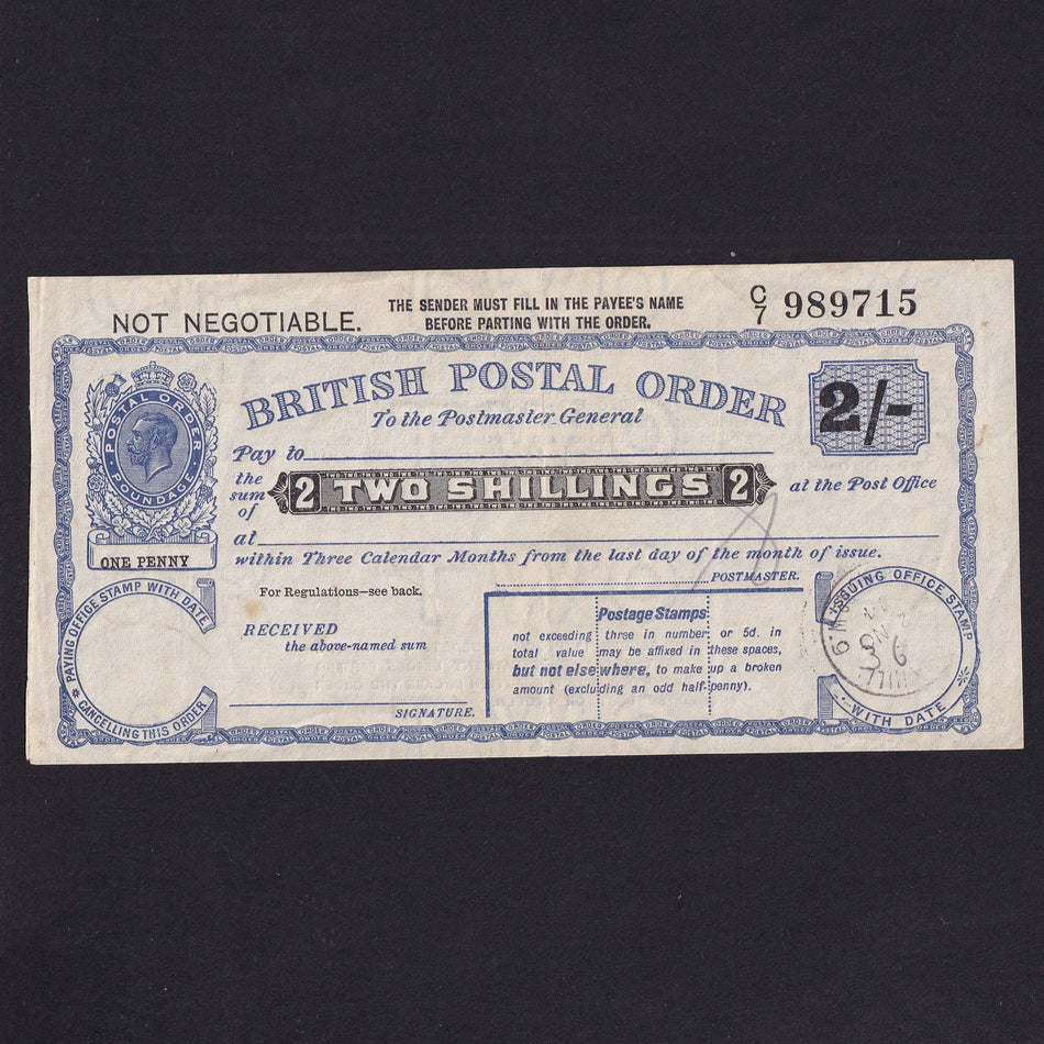 Postal Order, 2 Shillings, 1924, George V, no.C/7 989715, Good VF