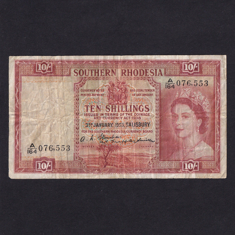 Southern Rhodesia (P12b) 10 Shillings, 3rd January 1953, for the Southern Rhodesia Currency Board, VG
