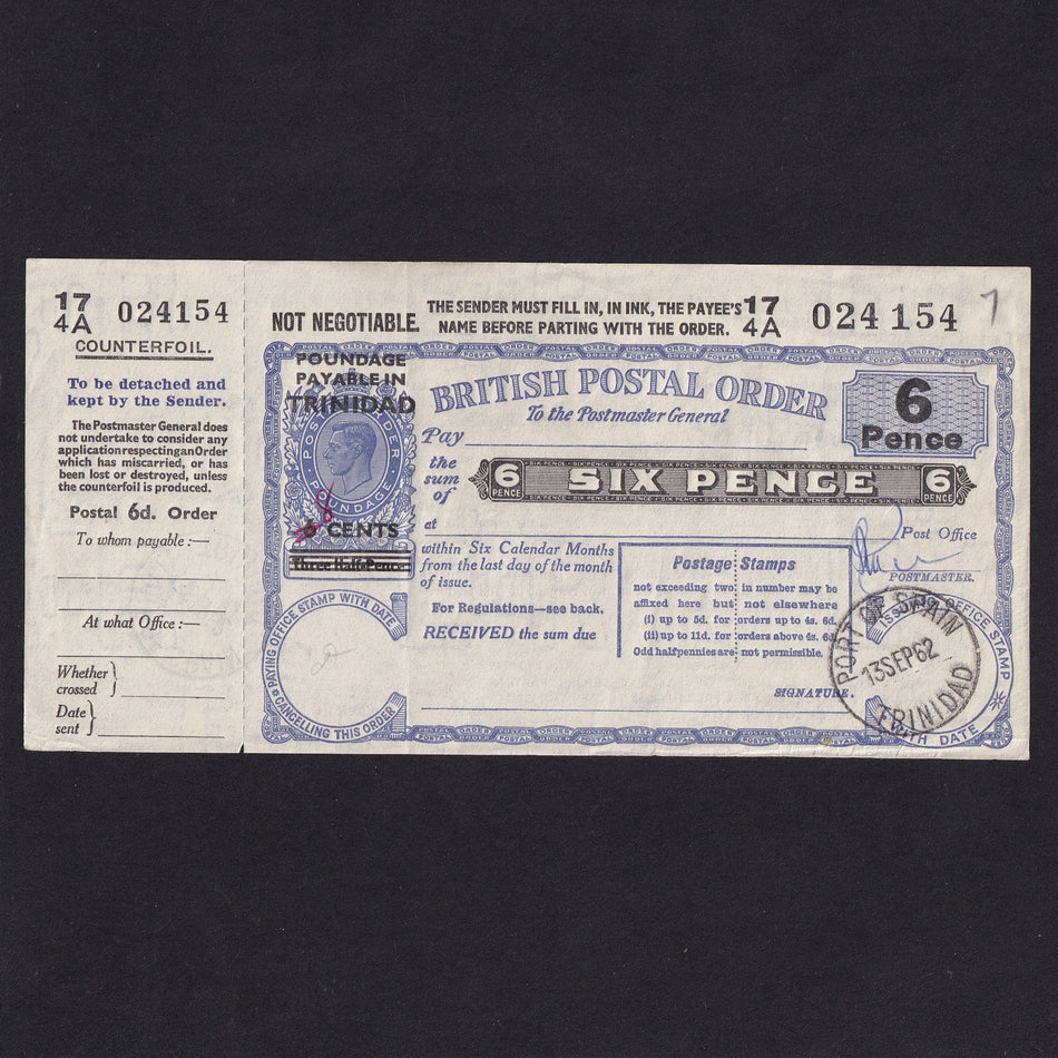 Trinidad, Six Pence postal order, 1962, KGVI, with counterfoil, no.174A 024154, VF