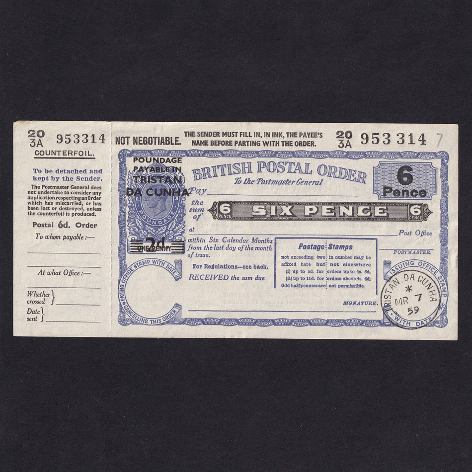 Tristan da Cunha, Six Pence postal order, 1959, KGVI, with counterfoil, no.230A 953314, Good EF
