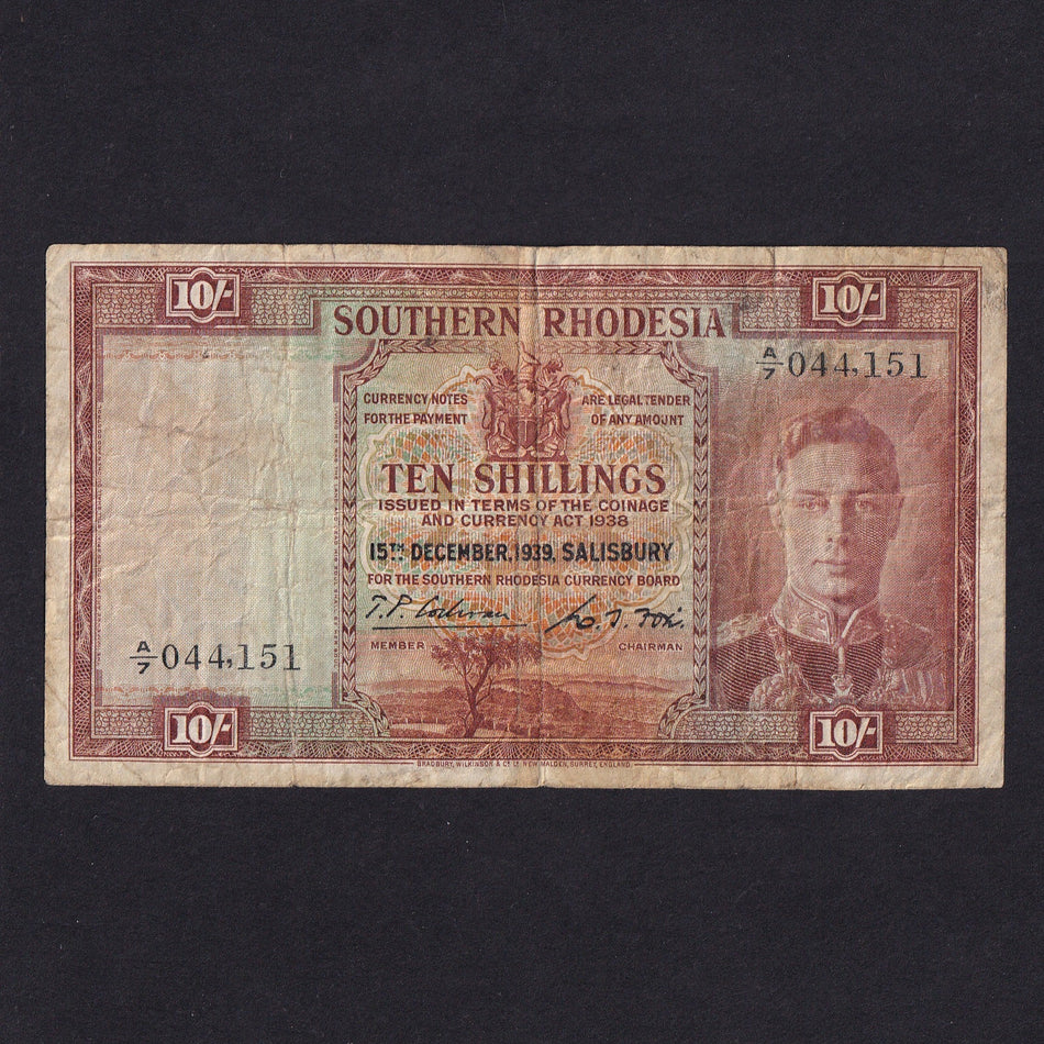 Southern Rhodesia (P.9a) 10 Shillings, 15th December 1939, KGVI, A/7 044151, first date, VG