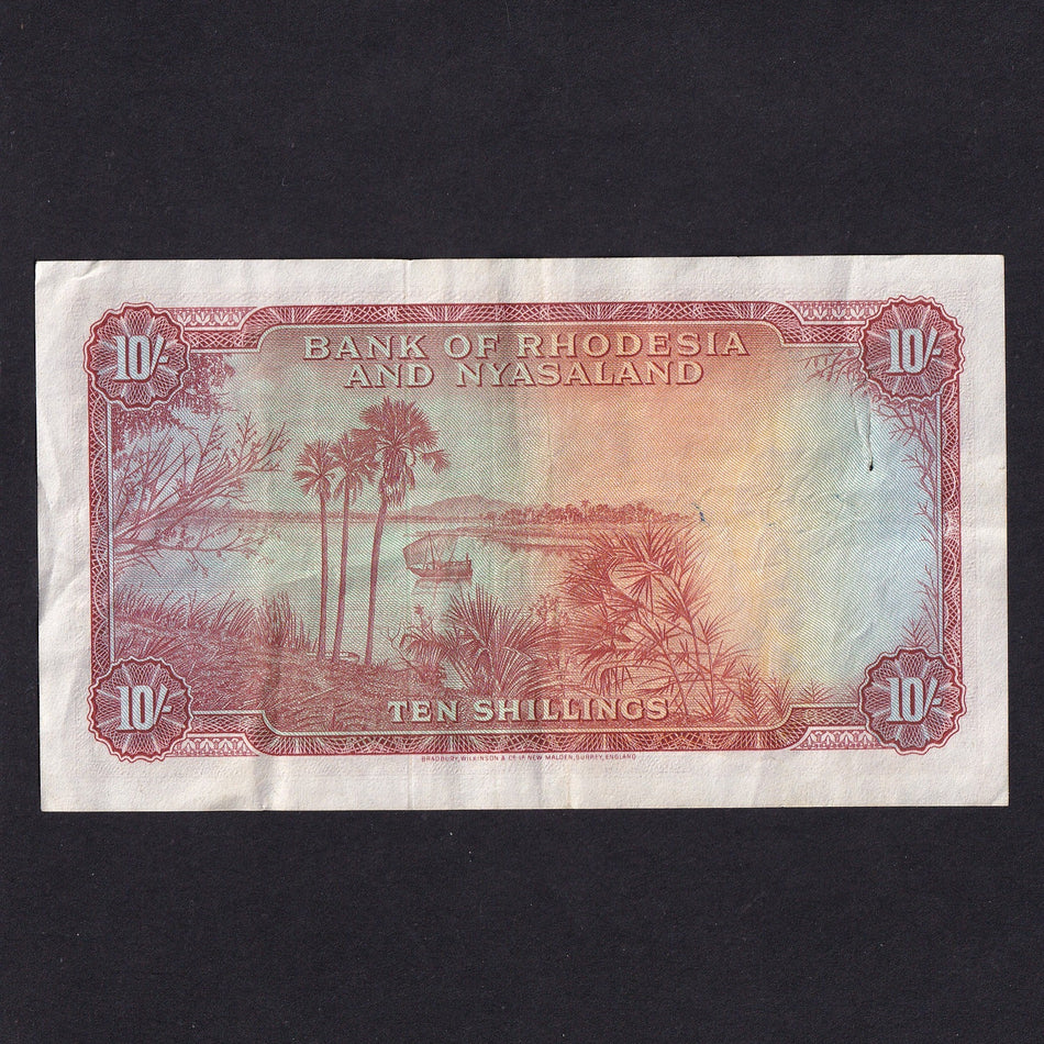 Rhodesia & Nyasaland (P20b) 10 Shillings, 23rd January 1961, QEII, Richards signature, large staple hole, VF