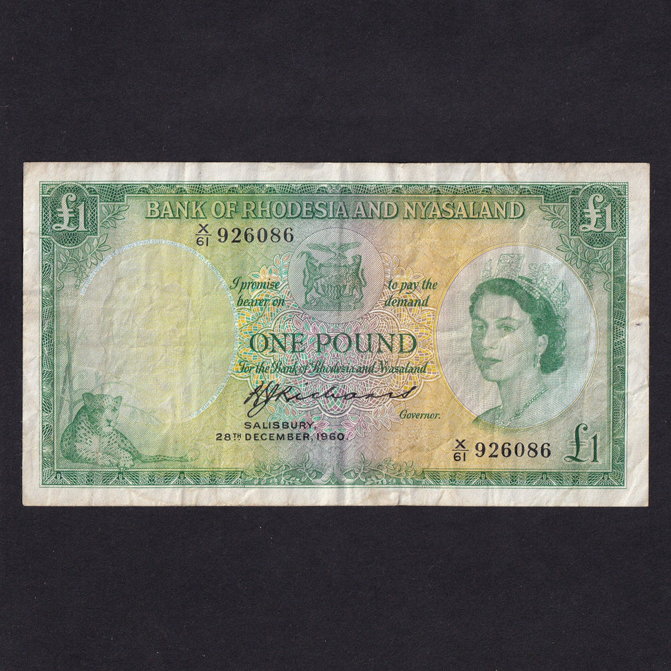 Rhodesia & Nyasaland (P21b) £1, 28th December 1960, QEII, Richards signature, VG/ Fine