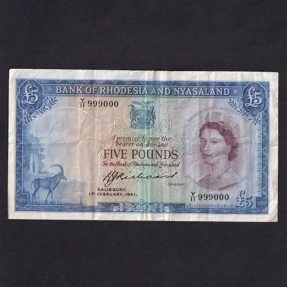 Rhodesia & Nyasaland (P22b) £5, 1st February 1961, Y/11 999000, QEII, Richards signature, Good Fine