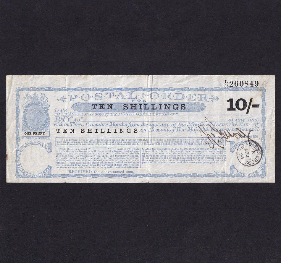British postal order, 10 Shillings, 1891, 2nd series, Victoria, L35 260849, Headlesscross, tiny rust, VF