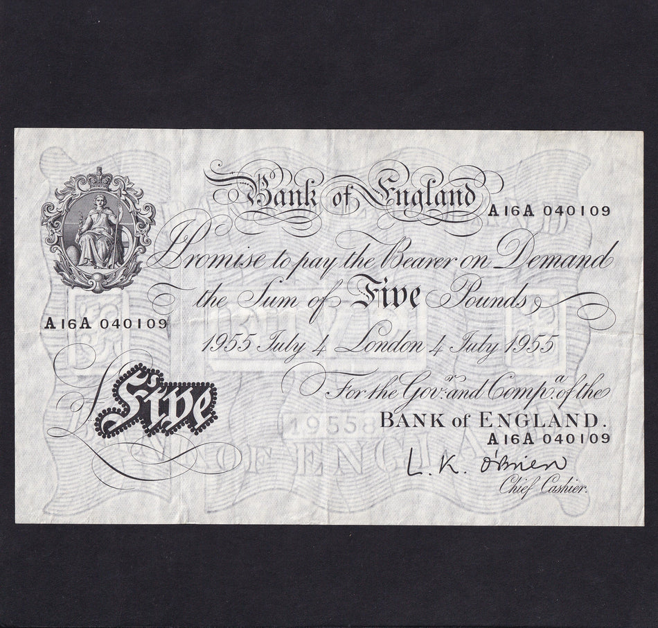 Bank of England (B276) O'Brien, £5, 4th July 1955, A16A 040109, Good Fine
