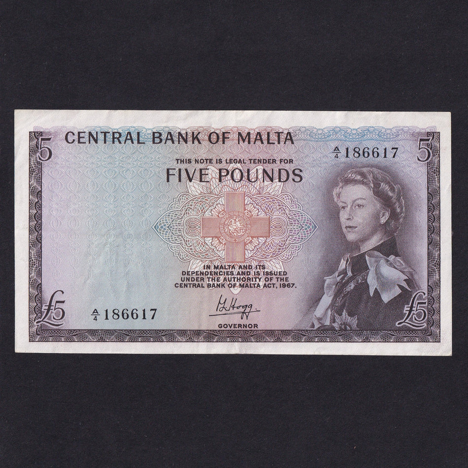 Malta (P30a) £5, 1968, QEII, Hogg signature, A/4 186617, VF