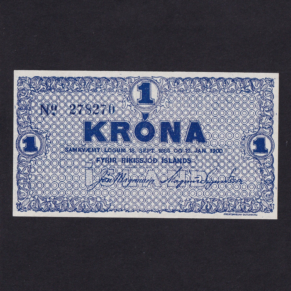 Iceland (P17b) 1 Krona, 1922, dark blue serial top left, no.278270, UNC