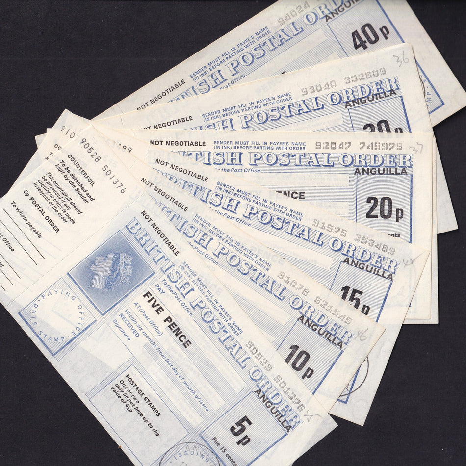 East Caribbean postal orders, Anguilla, 5p, 10p, 15p, 20p, 25p, 30p & 40p set (7 postal orders), 1973, with counterfoil, Good EF