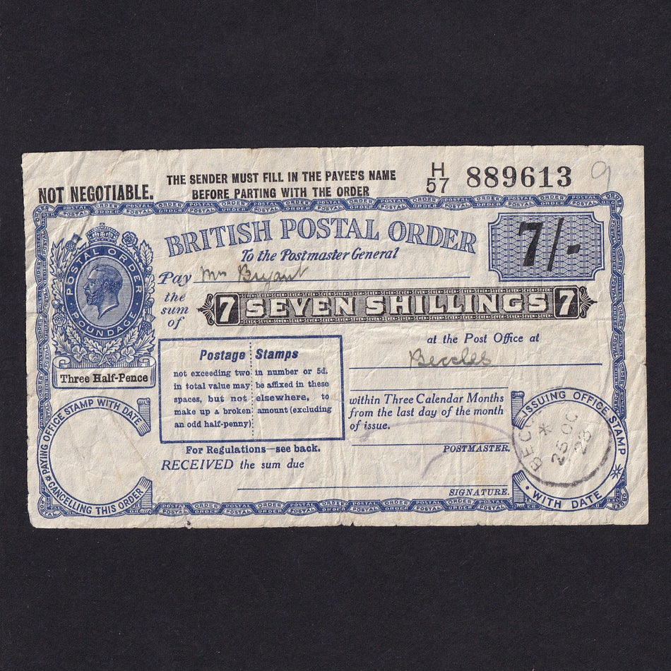 British postal order, 7 Shillings, 1928, George V, no.H57 889613, Fine