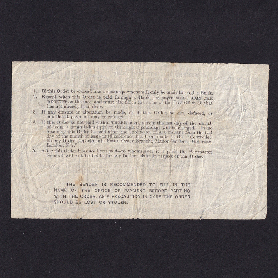 British postal order, 7 Shillings, 1928, George V, no.H57 889613, Fine