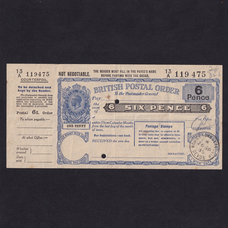 British postal order, Six Pence, 1935, George V, no.13A 119475, with counterfoil, rust, EF