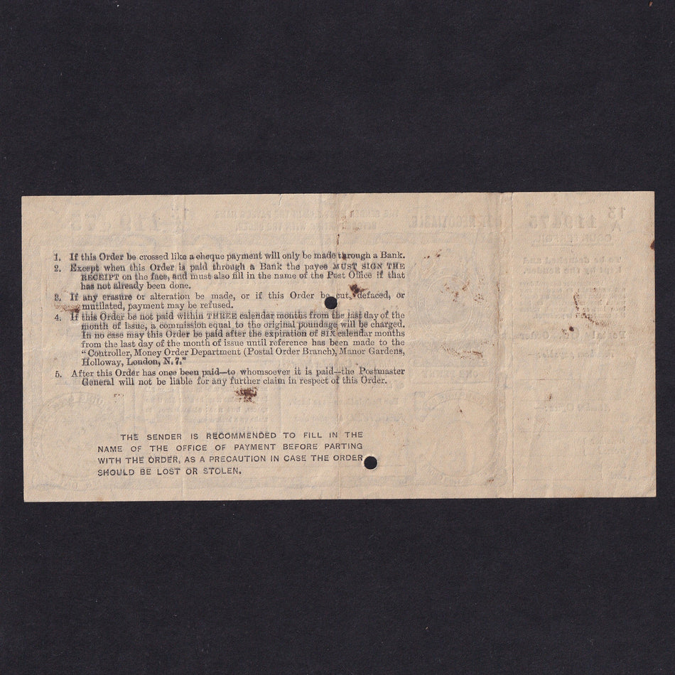 British postal order, Six Pence, 1935, George V, no.13A 119475, with counterfoil, rust, EF