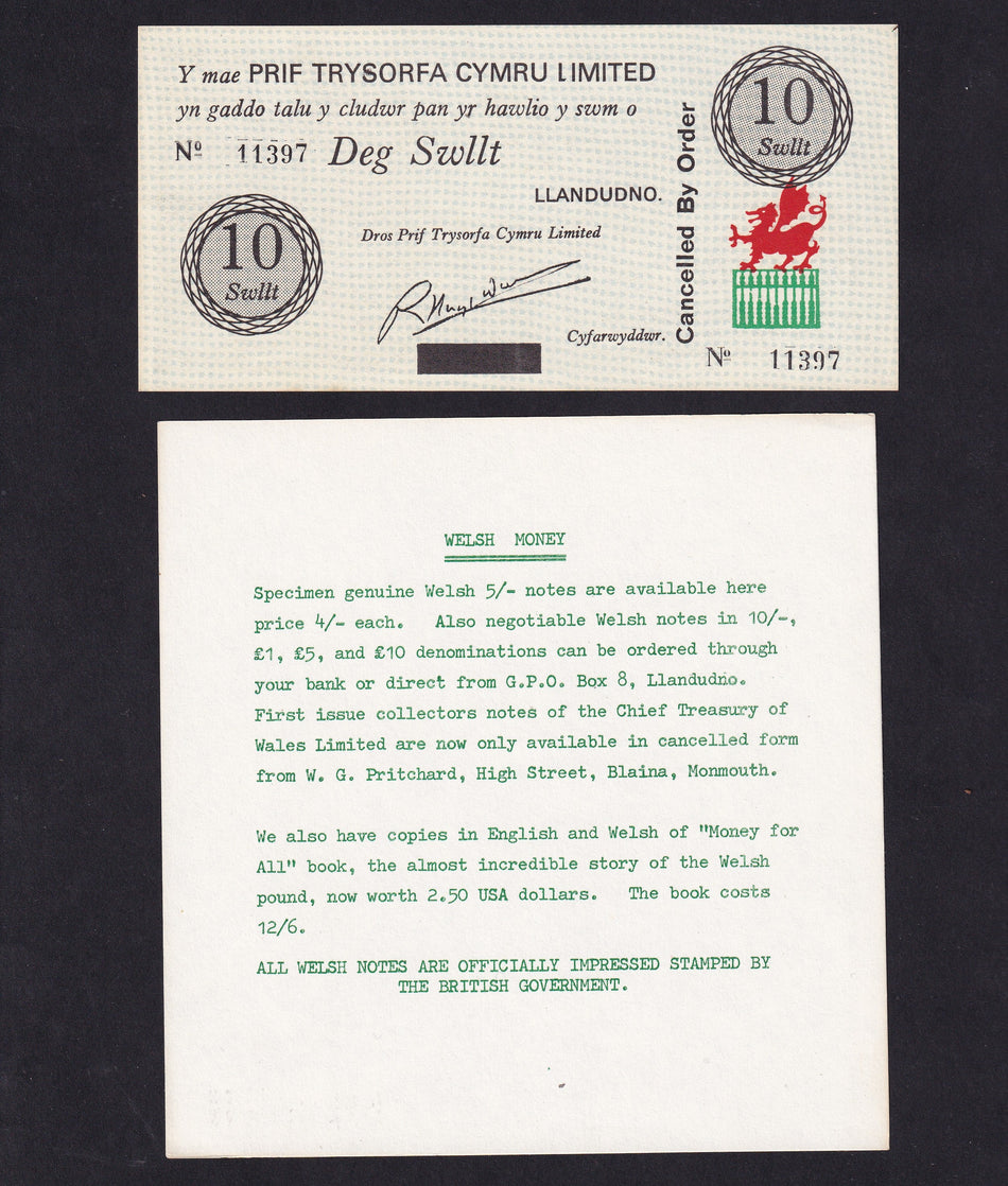 Wales, 10 Swilt (Shillings) 1969, Chief Treasury of Wales Limited, with promotional card of the time, Good EF