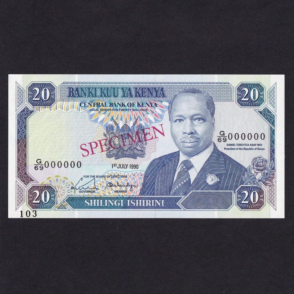 Kenya (P25c) 20 Shilingi specimen, 1st July 1990, 'specimen' in red, G69 000000, UNC