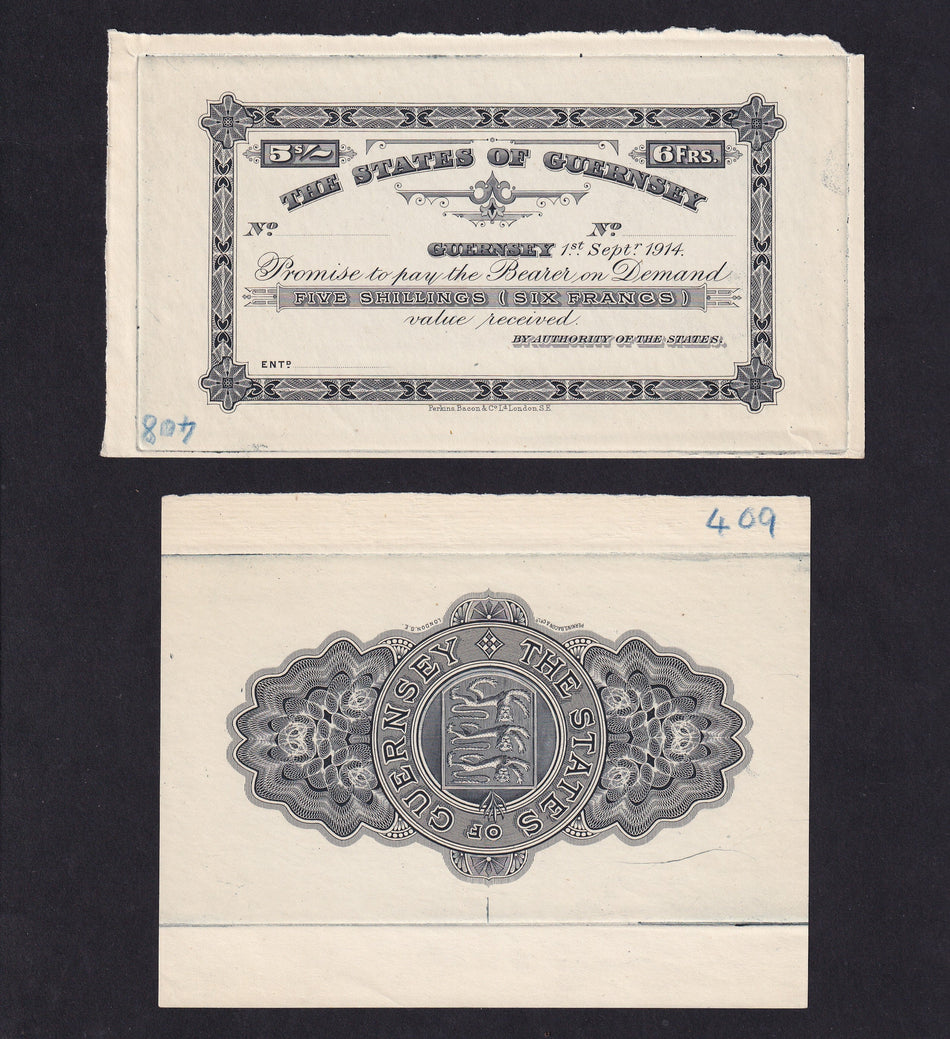 Guernsey (P.5) 5 Shillings (6 Francs) obverse/ revere proof, 1914, scarce, Good EF