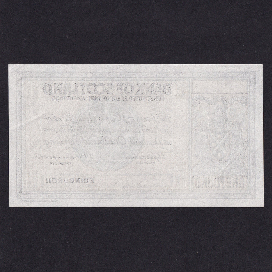 Scotland, Bank of Scotland, £1 essay uniface, c.1942, Elphinstone/ Crawford, bank arms in black, medallion light grey, unlisted, Good EF