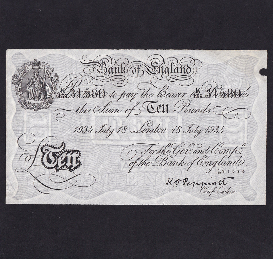 Operation Bernhard - Nazi forgery 1942-44, Peppiatt, £10, 18th July 1934, K139 31580, VF