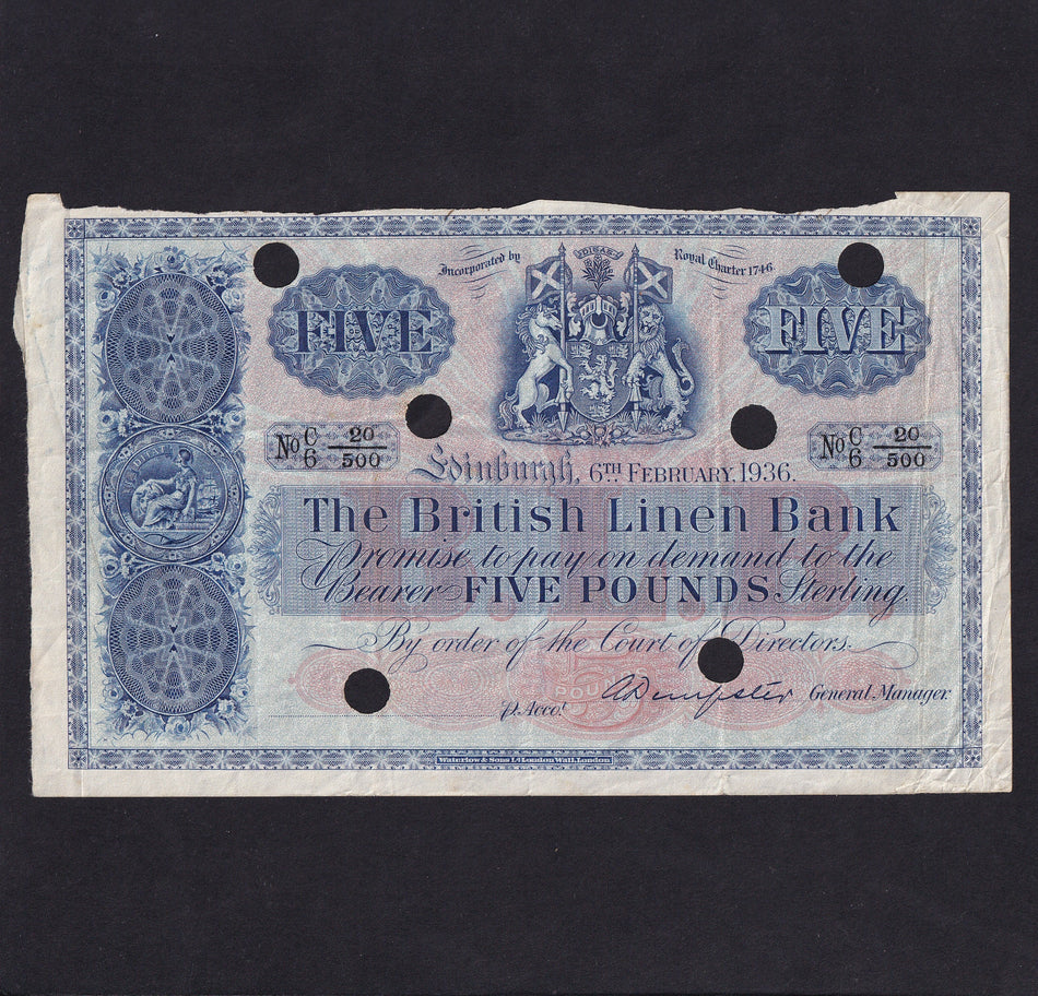 Scotland (P158a) British Linen Bank, £5, 6th February 1936, Adam Dempster, C6 20/200, unissued note used as a specimen, PMS BL66as, hole cancelled, edge damage, VF