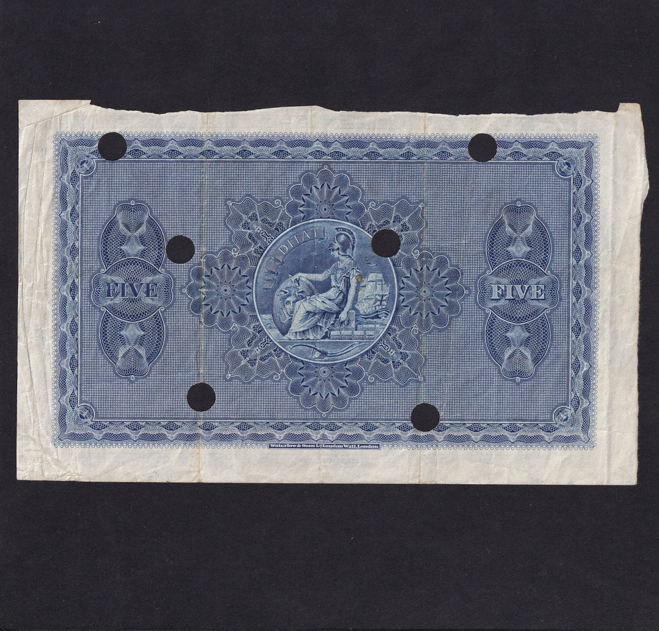Scotland (P158a) British Linen Bank, £5, 6th February 1936, Adam Dempster, C6 20/200, unissued note used as a specimen, PMS BL66as, hole cancelled, edge damage, VF