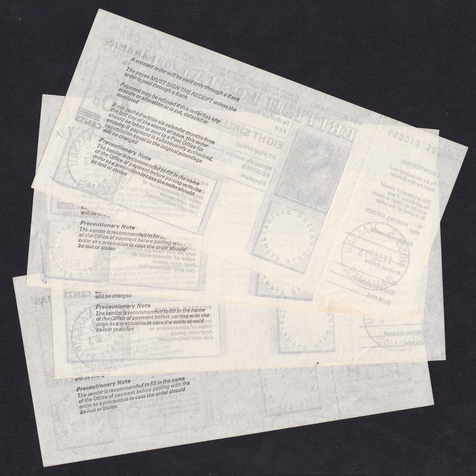 Bahamas, 4 postal orders, 3 Shillings/ 15p, 5 Shillings/ 25p, 6 Shillings/ 30p & 8 Shillings/ 40, 1973, A/UNC