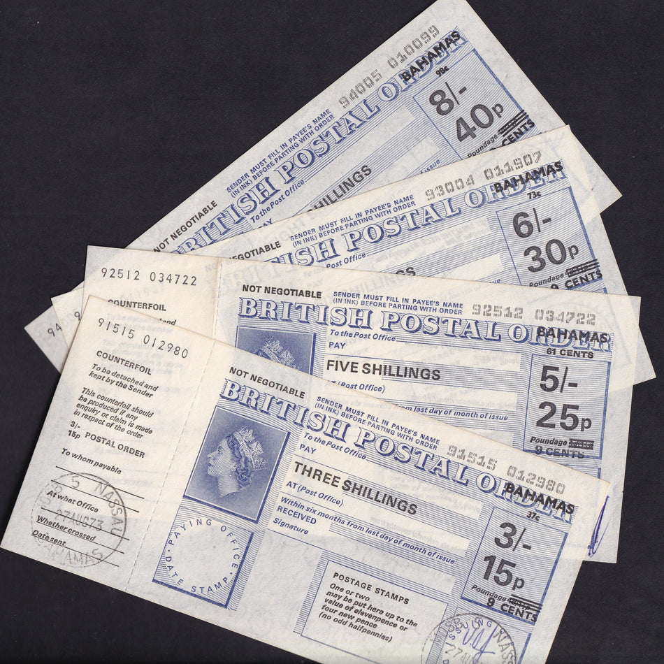 Bahamas, 4 postal orders, 3 Shillings/ 15p, 5 Shillings/ 25p, 6 Shillings/ 30p & 8 Shillings/ 40, 1973, A/UNC