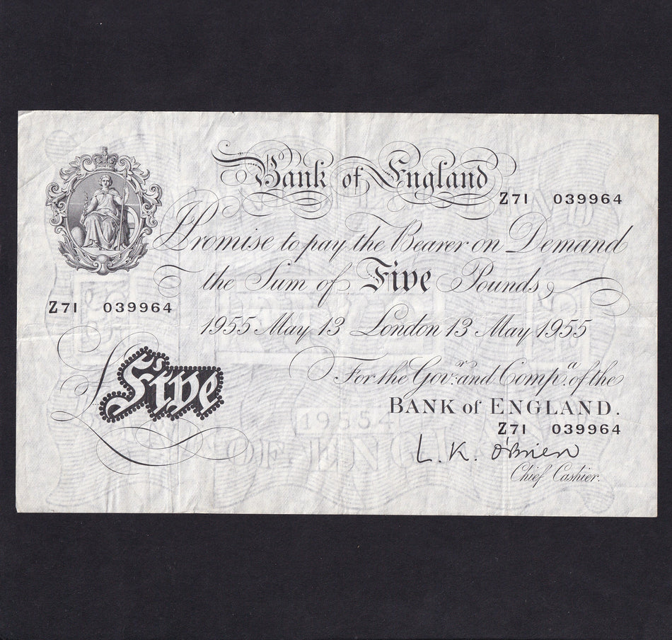 Bank of England (B275) O'Brien, £5, 13th May 1955, Z71 039964, Good Fine