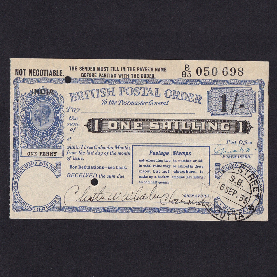 India, 1 Shilling postal order, 1936, KGV, Calcutta, B83 050698, Good EF
