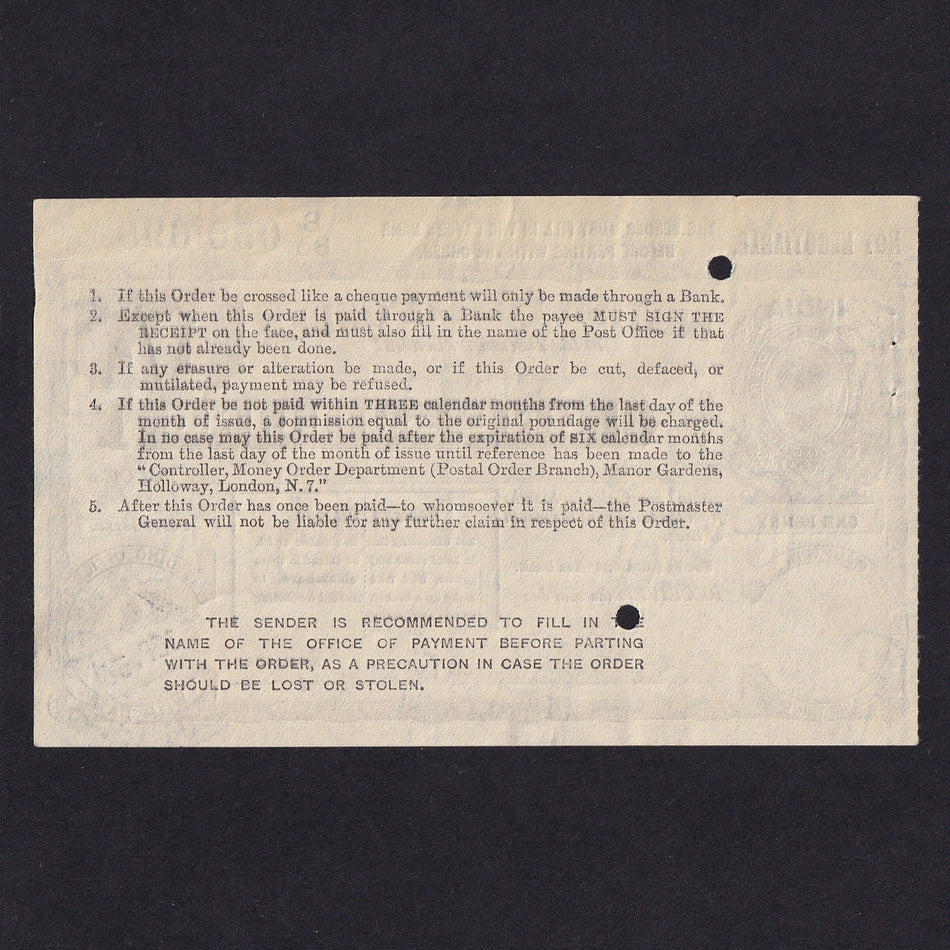India, 1 Shilling postal order, 1936, KGV, Calcutta, B83 050698, Good EF