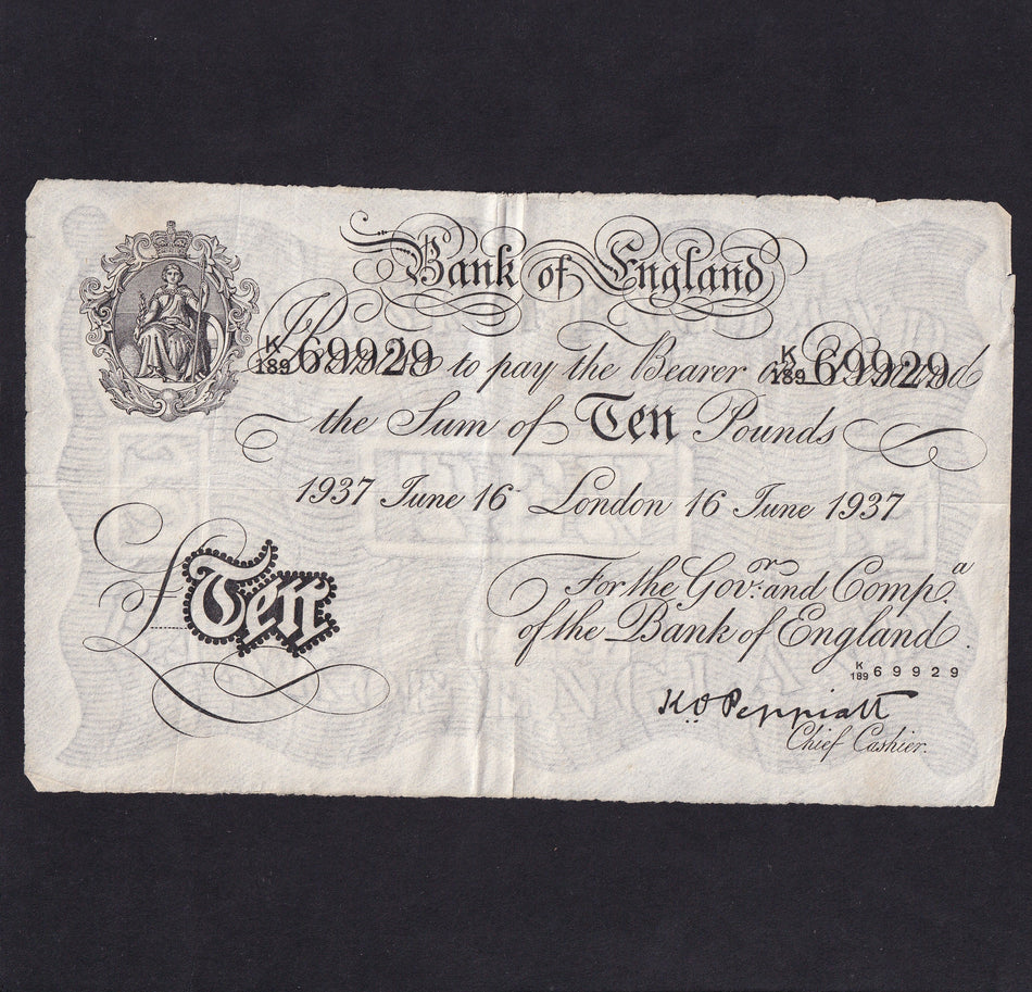 Operation Bernhard - Nazi forgery 1942-44, Peppiatt , £10, 16th June 1937, K189 69929, VF