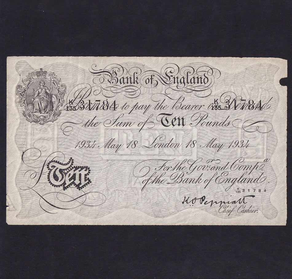 Operation Bernhard - Nazi forgery 1942-44, Peppiatt , £10, 18th May 1934, K155 31784, rust, Fine