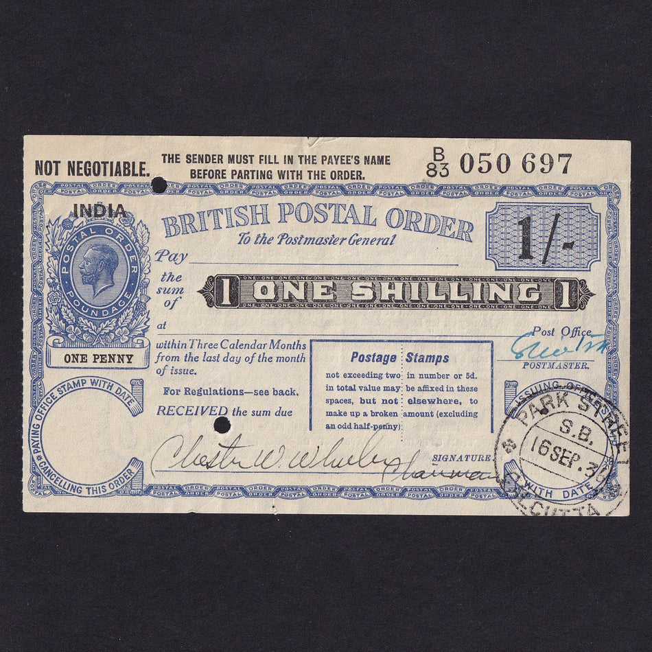 India, 1 Shilling postal order, 1936, KGV, Calcutta, B83 050697, small tear, Good EF