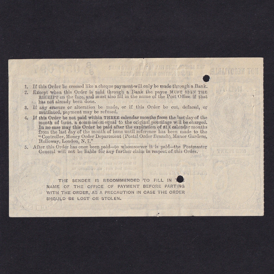 India, 1 Shilling postal order, 1936, KGV, Calcutta, B83 050697, small tear, Good EF