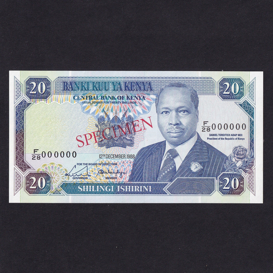 Kenya (P25a) 20 Shillings specimen, 12th December 1988, F/28 000000, UNC