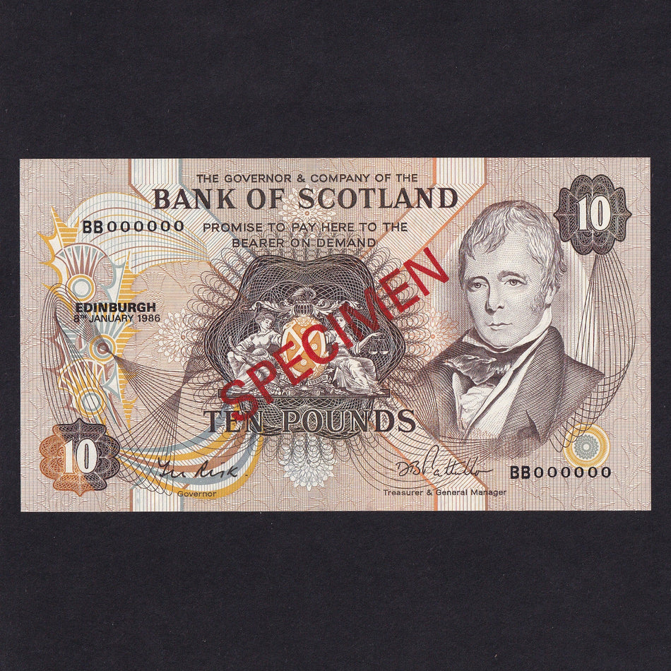 Scotland (P113cs) Bank of Scotland, £10 specimen, 1986, Risk/ Patullo, BB000000, PMS BA116cs, UNC