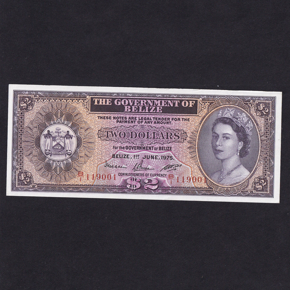 Belize (P34b) $2, 1st July 1975, QEII, B/1 119001, UNC