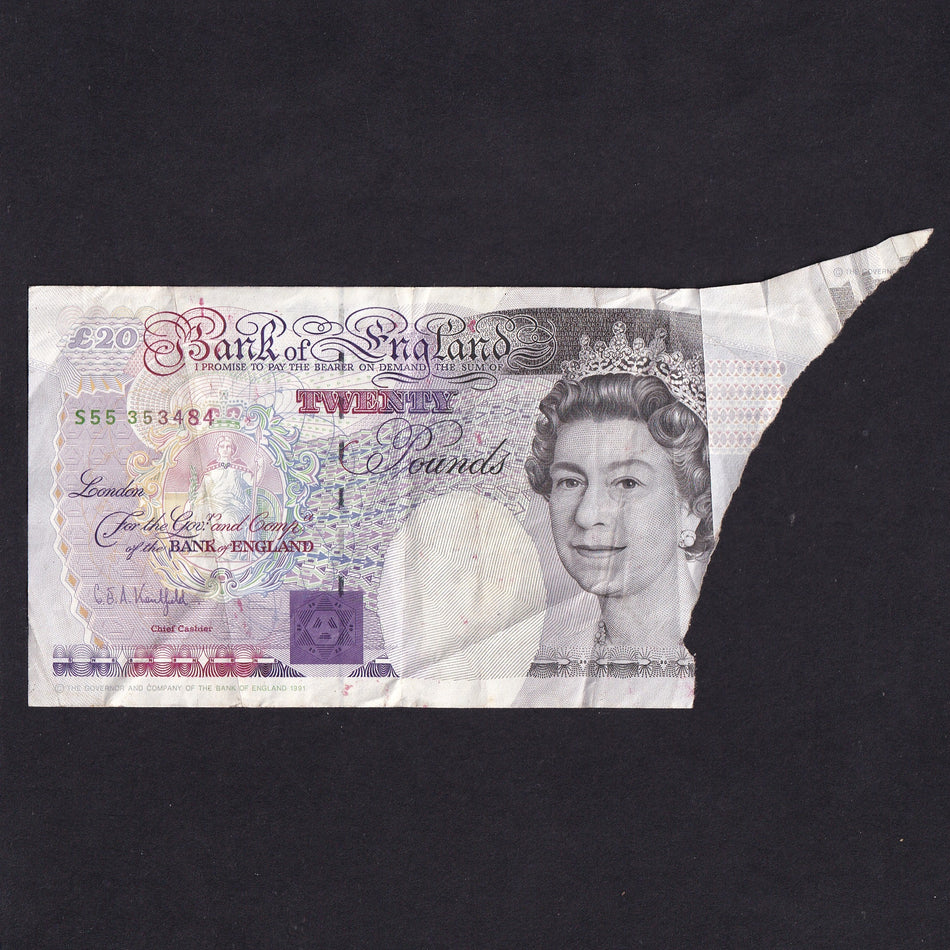 Bank of England (B371) Kentfield, £20 error, extra paper, S55, VG