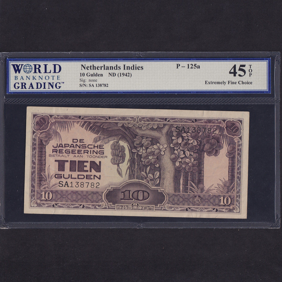 Netherlands Indies (P125a) 10 Gulden, 1942, Japanese Occupation WWII, SA138782, scarce with serial number, EF