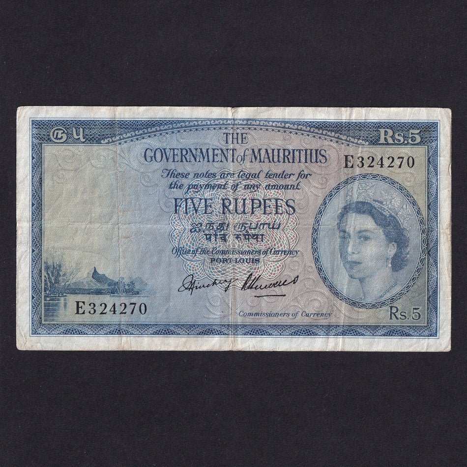 Mauritius (P27a) 5 Rupees, 1954, QEII, E324270, Fine